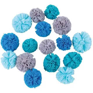 Rayher 76012376 Soft Tüll Pompons, blau-grau Töne, sortiert, 2,5 cm + 3 cm ø, Box 16 Stück, Dekoration Hochzeit, Taufe, Kommunion, Konfirmation, Geburtstag, Pompoms aus Tüll