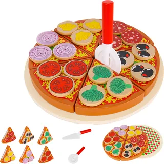 Pizza-Set Zubehör aus Holz für Kinderküche und Kaufladen Inklusive Schneidebrett und Pizzaschneider 27 Teile 22471 - Braun, Bunt