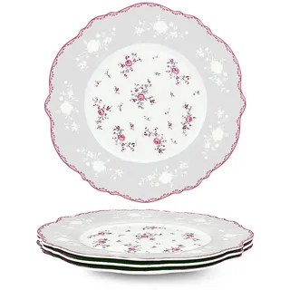 fanquare 4 Stück Dessertteller aus Porzellan Set Ø 208 mm Frühstücksteller mit Goldrand, Rosa Blumen Tafelservice für Weihnachten Geschenk und Haushalt
