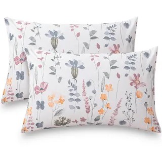 ATsense Kissenbezug 80 x 40 cm, 2 Stück - 2er Set 100% Baumwolle, Bunt Pflanzen Blumen Muster Kopfkissenbezug mit Reißverschluss, ÖkoTex Zertifiziert Super Weicher und Bequemer Kissenhülle