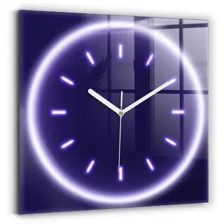 Wallfluent Wanduhr – Stilles Quarzuhrwerk - Uhr Dekoration Wohnzimmer Schlafzimmer Küche - weiße Zeiger - 30x30 cm - Neon-Linien - Lila