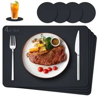 IKWOLETI Tischsets Abwaschbar mit Untersetzer - 4er Set Platzsets Abwaschbar aus Kunstleder - Doppelseitige Platzdeckchen in Lederoptik - Ideal für Küche und Büro Schwarz