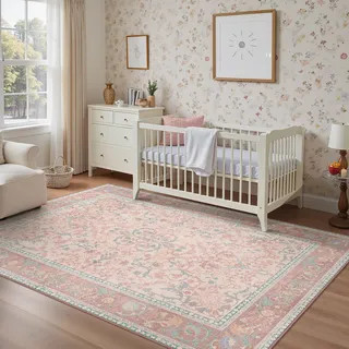 GENIMO Boho Vintage Teppich, Waschbar & rutschfest, Kurzflor Teppich für Wohnzimmer, Schlafzimmer oder Esszimmer, Stilvoller Carpet, Altrosa Creme, 160x230 cm