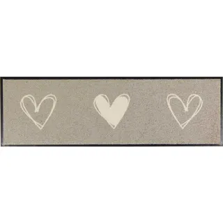 MOCAVI Mat Fußmatte Schuhparkplatz mit Rand Herzen beige 30x100 cm Schuh-Teppich lang, schmal, Schuhe ausziehen, Deko sbereich innen, außen, Matte, Haustür, Stiefelmatte