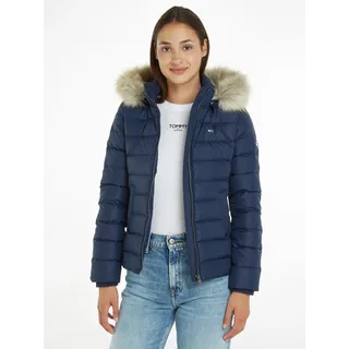 Daunenjacke TOMMY JEANS "BASIC HOODED DOWN JACKET", Damen, Gr. XS (34), blau (twilight navy), Web, Obermaterial: 100% Polyester. Wattierung: 70% Daunen, 30% Federn, Fellimitat, bestickt, unifarben, Basic hüftlang, Bündchen mit Windstopper, Jacken Daunenjacke, mit Fellimitat an der Kapuze & Tommy Jeans Logo-Flag