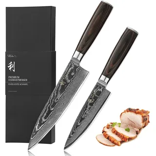 Wakoli EDIB Essentials 2er Set Damastmesser - 30 cm und 24 cm Profi Santoku Küchenmesser - 67 Lagen Damaststahl - Pakkaholzgriff - Inklusive Geschenkbox und Fingerschutz