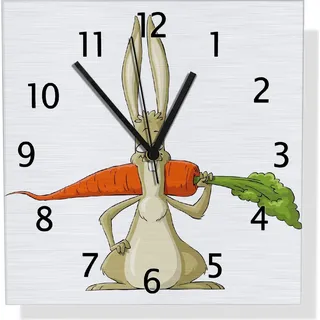 Wallario Design Wanduhr Lustiger Hase mit Möhre im Comic Stil aus Aluverbund, Größe 30 x 30 cm - Weiß