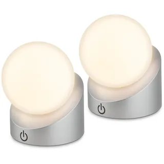 BRILONER - 2er Set Mini LED Tischlampe IP54, Touch, Kugel, Chrom-Matt | 2er Set, Dimmbar in Stufen, Nachttischlampe, Dekolampe, Outdoor Lampe, Akku Wechselbar, 2W, 150lm, 2.700K, 10x8x9cm, IP54