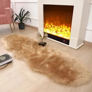 JXLOULAN Faux Lammfell Schaffell Teppich Hellbraun 80x180 cm, Flauschiger Teppich Wohnzimmer Deko Longhair Weicher Fell Carpet für Stühle Sofa Schlafzimmer Kinderzimmer