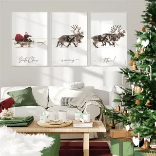Herfair Winter Poster 3er Set Weihnachtsmann Elch Wandbilder Wohnzimmer Deko Kunstdruck Bilder Leinwand Ohne Rahmen Weihnachten Thema Wanddeko Poster (50 x 70 cm)