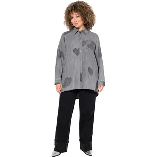 Ulla Popken Damen Jeansbluse, Herzen, Hemdkragen, Langarm, Lyocellmix, Light Grey Denim, 46-48 EU