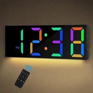 LED-Wanduhr, 12-Zoll digitale Wanduhr, LED-Wanduhr mit 8 farbigen Ziffern, Nachtschein, 5-Stunden-Modus & automatische Helligkeit, Fernbedienung, Wanduhr für Zuhause, Büro, Schule, Fitnessstudio, Garage