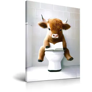 HesenDot Kuh auf Toilette Wandbild mit Rahmen, 30x40cm Lustiges Tier Leinwandbild, Niedliches Badezimmer Tierposter, Witzige Humorvolle Wand Deko für Bad Kinderzimmer