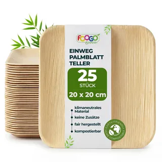 FOOGO Green Palmblatt-Teller eckig 25 Stück 20x20 cm Einweggeschirr | kompostierbar & naturbelassen – extra stabil & fettresistent – nachhaltiges Einweggeschirr für Party & BBQ