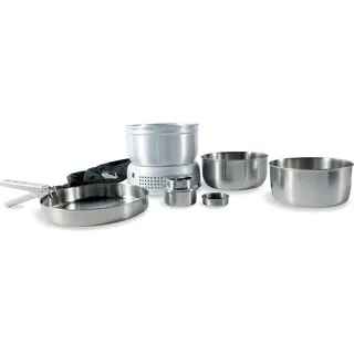 Tatonka Multi Set + Alcohol Burner (8-teilig) - Camping-Kochgeschirr aus Edelstahl mit Spirituskocher (Pfanne, 2 Töpfe, Klemmgriff, Windschutz,