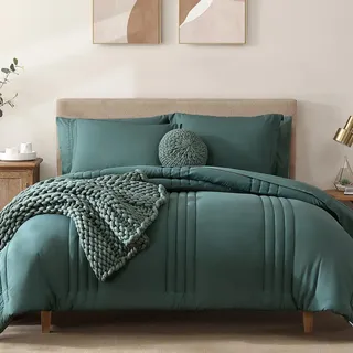 Monbix Queen-Bettwäsche-Set, einfarbiges Design, 7-teilig, Flauschige Bettwäsche-Sets für alle Jahreszeiten, leicht, warm und atmungsaktiv (dunkelgrün, Queen-Size-Bett, 228,6 x 228,6 cm)