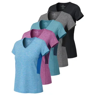 Real Essentials Damen Sport-T-Shirt, kurzärmelig, V-Ausschnitt, Dry-Fit feuchtigkeitsableitendes Yoga-Top (erhältlich in großen Größen), 5er-Pack
