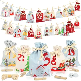 Adventskalender Stoff 24 Gedruckte Weihnachtskalender Kinder DIY 2024 Säckchen Groß Wiederverwendbar Tüten