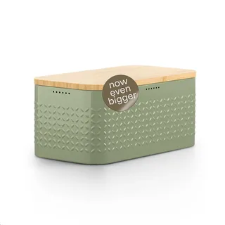 LARS NYSØM Brotkasten aus Metall I Brotbox für langanhaltende Frische mit rutschfesten Noppen I Brotdose mit hochwertigem Bambusdeckel verwendbar als Schneidebrett I 34x19x16cm (Sage Green)