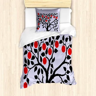 ABAKUHAUS Apfel Mantele, Black Tree Reife Frucht-Kunst, Milbensicher Allergiker geeignet mit Kissenbezügen, 135 cm x 200 cm - 80 x 80 cm, Lila Schwarz Rot