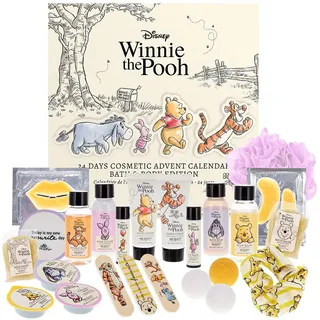 MAD Beauty – Disney WINNIE THE POOH Adventskalender mit 24 Kosmetik Produkten, Wellness Adventskalender für Frauen mit Gesichtsmaske, Bodylotion, Haargummi, Nagelfeile – Weihnachtskalender Beauty