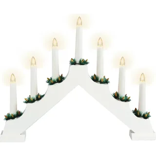 3.08 Schwibbogen Holz mit 7 LED Kerzen - Adventsleuchter Kerzenbrücke - Farbe: Weiß - Weiß