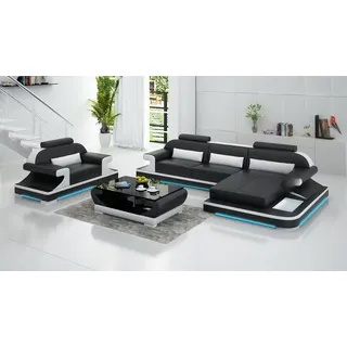 Ledersofa Couch Wohnlandschaft Ecksofa + Sessel Neu Garnitur Design Sofa mit USB - Schwarz