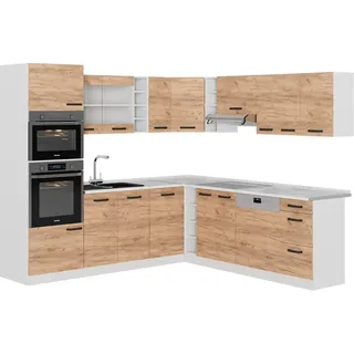 Vicco Eckküche R-Line, 237 x 247 cm AP Marmor, Goldkraft Eiche/Weiß/Weiß