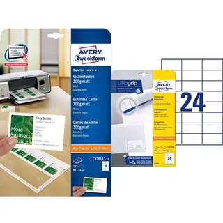 AVERY Zweckform C32011-25 Superior Visitenkarten, blanko (250 Stück, 200g, 85x54 mm, matt weiß, 25 Blatt) & 3490 Adressaufkleber (600 plus 120 Klebeetiketten extra, 70x36mm auf A4) 30 Blatt, weiß