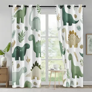Generisch Vorhänge Cartoon Dinosaurier, Kinder Wildlife Dino Vorhang Blickdicht mit Ösen 2er Set, Verdunklungsvorhänge für Wohnzimmer Schlafzimmer Deko, Gardinen mit Muster 137 X 117 cm (H X B) B-D134
