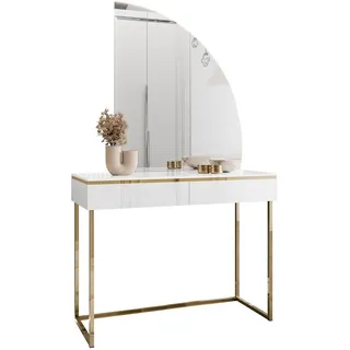 Lookway Schminktisch Aurora-Q Gold in weiß Hochglanz auf goldenem Gestell mit rechts Spiegel , Holzwerkstoff , Uni , 2 Schubladen , rechts montierbar,Rechteckig , 102x174x44 cm , Schlafzimmer, Schminktische