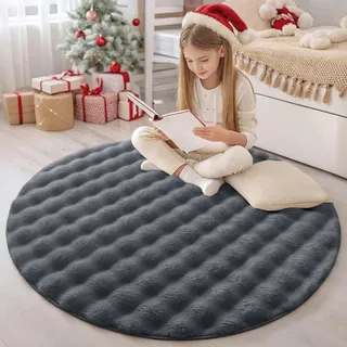 Homaxy Hochflor Teppich mit 3D Bubble Muster Weich Flauschig Teppiche, Waschbar Antirutsch Klein Teppich für Wohnzimmer, Kinderzimmer, Schlafzimmer - 120 cm Rund, Dunkelgrau