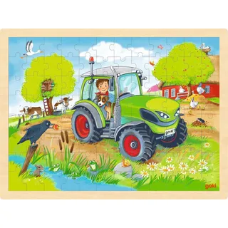 goki 57326 Einlegepuzzle Traktor und Bauernhof aus Holz– Fördert Fantasie und Feinmotorik bei Kindern, Hoftiere, 40cm x 30cm, 96-er Set, ab 3 Jahre, Mehrfarbig