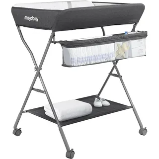 Maydolly Baby Klappbar Wickelkommode,Mobiler Wickeltisch mit Rollen und Wickelauflage,Wasserdicht und Höhenverstellbar,Baby Wickelkombi mit Ablagefächern(dunkelgrau)