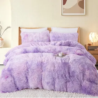 Freyamy Plüsch Bettwäsche 220x240cm Violett Langhaar Kunstfell Flauschig Winterbettwäsche Flanell Samt Biber Warme Deckenbezug Cashmere Touch Bettbezug mit Reißverschluss und 2 Kissenbezug 80x80cm