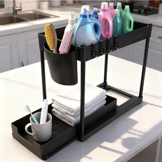 Küchen Organizer 2 Etagen – Unter Waschbecken Regal mit Haken, Spülschrank Organizer & Gewürzregal Ausziehbar für Küche, Arbeitsplatte & Badezimmer, Schwarz
