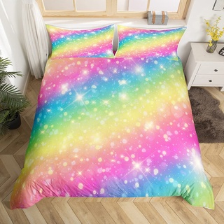 Loussiesd Regenbogen Farbe Tröster Bettwäsche 135x200 cm Mädchen Kinder Blingling Dekor Bettwäsche Set Niedlichen glänzend Dekor Bettbezug mit 1 Kissenbezügen Reißverschluss Weiche Mikrofaser