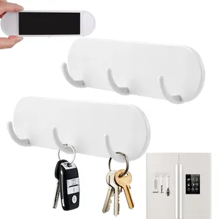 TESSTSY 2 Stück Schlüsselaufhänger für die Wand, magnetisch, Schlüsselbrett mit 3 Haken, zum Aufhängen von Schlüsseln, Regenschirmen, Sonnenbrillen, Schmuckhalsketten (weiß)