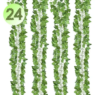 SWANEW Efeu Künstlich Girlande 24 Stück Efeu Hängend Girlande Kunstpflanzen 2.4M Efeugirlande Künstlich 80 Blätter Girlande mit 50 Grüne Kabelbinder für Room Büro Küche Garten Party Wanddekoration - Grün