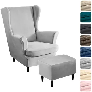 Alishomtll 3 Teilig Ohrensessel Überzug Mit Ottomane Schonbezug Stretch Samt Sessel-Überwürfe Elastisch Einfarbig Sesselhusse Strandmon Tiger Stuhlbezug mit Armlehne Hohe Rückenlehne (Hellgrau)