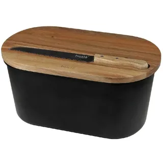 Husla 73935 Set of 3 Pieces - Bread Bin with Cutting Board and Bread Knife, Cutting and Serving Accacia Board, Black