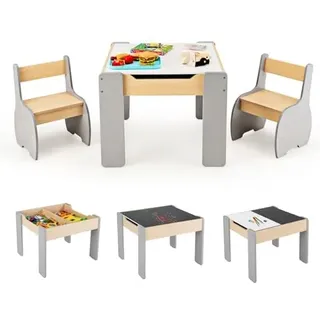 Generisch Kindersitzgruppe mit 2 Stühlen, 3 teilige Kindertisch aus Holz mit wendbarer & abnembarer Tischplatte, Kinder Maltisch mit Stauraum, Kindermöbel Sitzgruppe für Kinder ab 3 Jahren (Grau)
