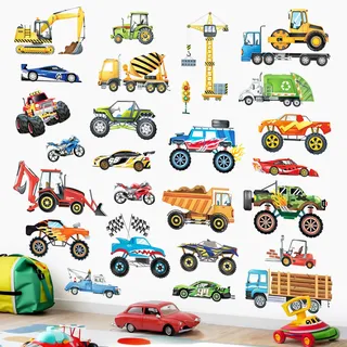 decalmile Wandtattoo Kinderzimmer Junge Fahrzeuge Autos Wandaufkleber Fahrzeuge Traktor Bagger Rennauto Wandsticker Junge Kinderzimmer Spielzimmer Babyzimmer Wanddeko