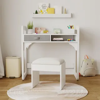 GarveeLife Kinderschreibtisch mit Stuhl, Kindertisch und Stuhl mit 2 Schubladen, Tisch zum Lernen, Arbeiten und Schreiben, Geschenk für Jungen und Mädchen, 3 – 8 Jahre, 86 x 46 x 80 cm, Weiß