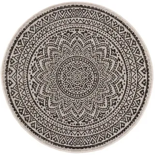 Kunstloft Outdoorteppich rund Cleo Weiß/Schwarz ø 120 cm rund , Schwarz, Weiß , Kunststoff , Grafikmuster , Rund , 120x1 cm , Gots , wasserabweisend , Teppiche und Böden, Teppiche, Outdoorteppiche