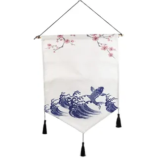 Lachineuse - Japanisches Koi-Fisch-Wandpaneel - Japanische Zen-Hängedekoration - 56 x 44 cm - Wandpaneel mit traditioneller japanischer Malerei - Weiße und blaue Farben - Geschenkidee für Asien