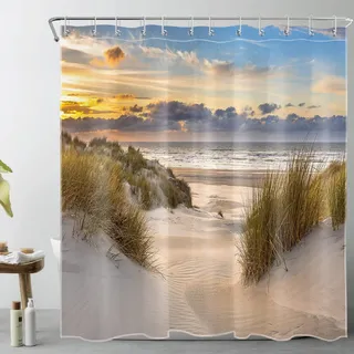 LB Strand Duschvorhang 180x200cm Sonnenuntergang Landschaft Tropeninsel Antischimmel Wasserdicht Badezimmer Vorhänge, Seestück Extra Lange Polyester Stoff Bad Vorhang mit Haken