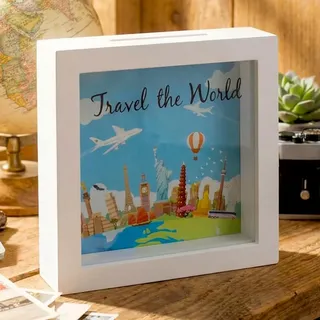 MIJOMA Spardose aus Holz mit Glasfront – dekorativer Sparrahmen für Geldgeschenke zu Hochzeit, Geburtstag, Reise & mehr – kreative Geldbox (Travel the World - weiß, 15 x 15 x 5 cm)