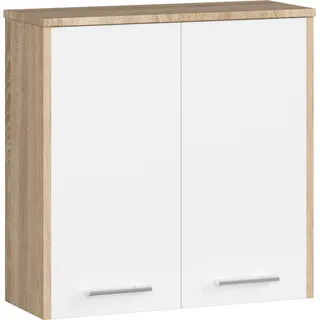 Hängender Badezimmerschrank: zwei Türen, zwei Regale, Farbe: Sonoma-Eiche | weiß, Möbelmaße: B: 60 cm, H: 60 cm, T: 22,5 cm.