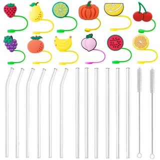 Alihoo Glas Strohhalme mit Trinkhalm Abdeckung,Transparent Trinkhalme Glas,6 Lange Gerade+6 Gebogene Strohhalm+12Silikon Obst Trinkhalm Spitzen (Früchte)